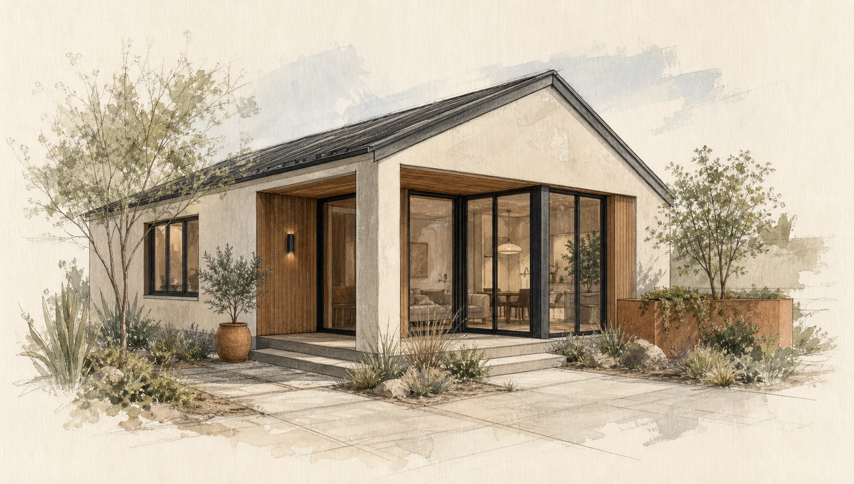 Architectural artwork of a warm modern garden ADU